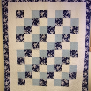 Blue Checkered Patchwork Quilt, Twin Size Blue Squares Quilt 68&quot; x 79&quot;