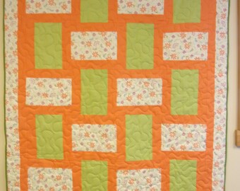 Handmade Patchwork Lap Quilt: Green & Orange Cotton (50" x 61")
