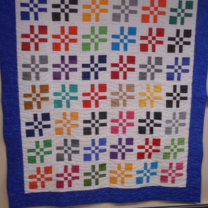 Handmade Quilt, Full Size Quilt, Altered States, Disapearing Four Patch Quilt, Primary Dot Modern Full Size Quilt 70&quot; x 79&quot;