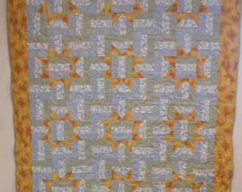 Edredón Twin Fence Rail Star: Ropa de cama de algodón Golden Star hecha a mano (167 x 213 cm)
