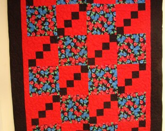 Quilt, Quilted Throw, Red and Black Lap Quilt, Blue Roses on Black Quilted Throw, 46" x 65"