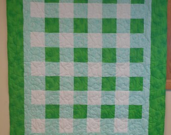 Handmade Green Gingham Quilt: Cotton Youth Blanket (56" x 67")