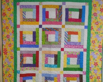 Twin Size Quilt, Twin Size Bed Quilt, Bright and Scrappy Log Cabin Quilt, Throw Quilt 60" x 73"