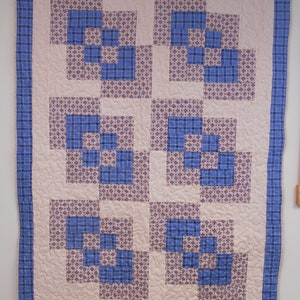 Log Cabin Variation  Throw/Lap Quilt, Blue and Tan Knot Throw Quilt, 47&quot; x 66&quot;
