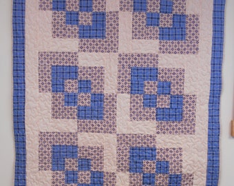 Log Cabin Variation  Throw/Lap Quilt, Blue and Tan Knot Throw Quilt, 47" x 66"