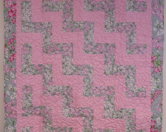 Handmade Quilted Throw: Pink Dogwood Flower Lap Quilt (47" x 59")