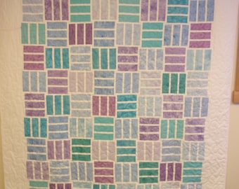 Handmade Patchwork  Quilt, Blue, Purple, Green Quilt 72" x 80"