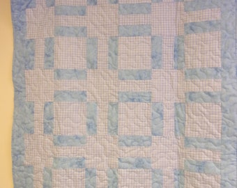 Handmade Patchwork Blue Plaid Quilt, 41" x 47"