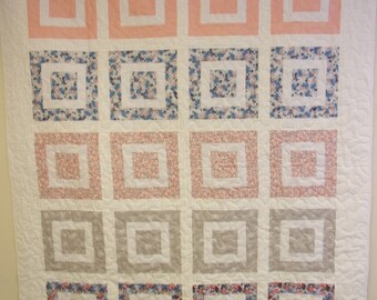 Handmade Twin Size Quilt: Large Block Cotton Bedding (63" x 77")