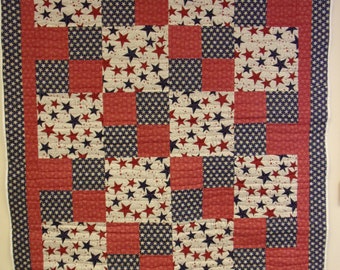 Americana Star Throw Quilt: Red, White, and Blue Lap Quilt (50" x 60")
