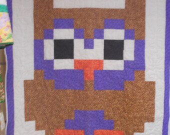 Handmade Owl Quilt: Cross Stitch Design, Purple & Brown, 57" x 62"