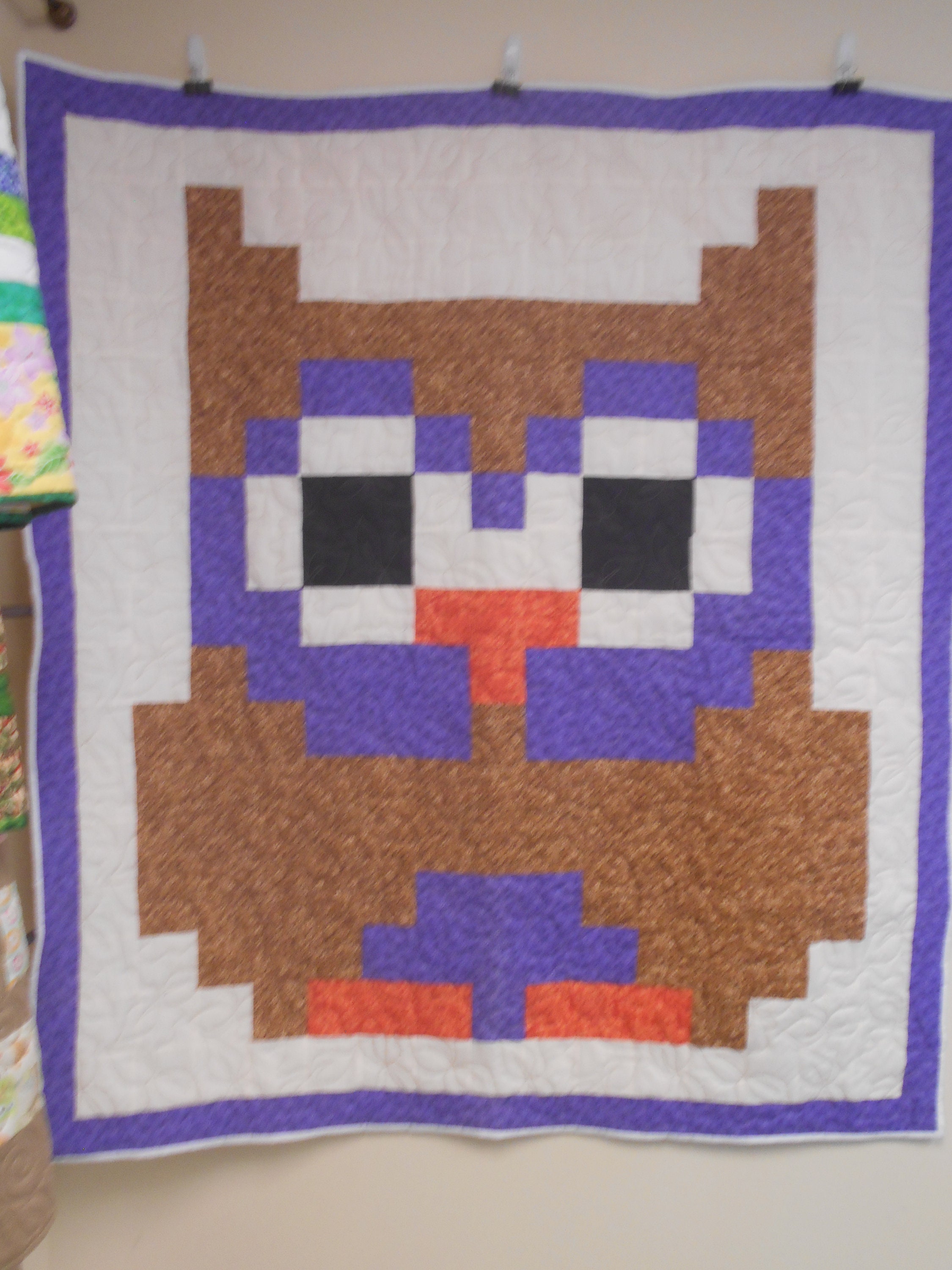 Handmade Owl Quilt: Cross Stitch Design, Purple & Brown, 57" x 62"