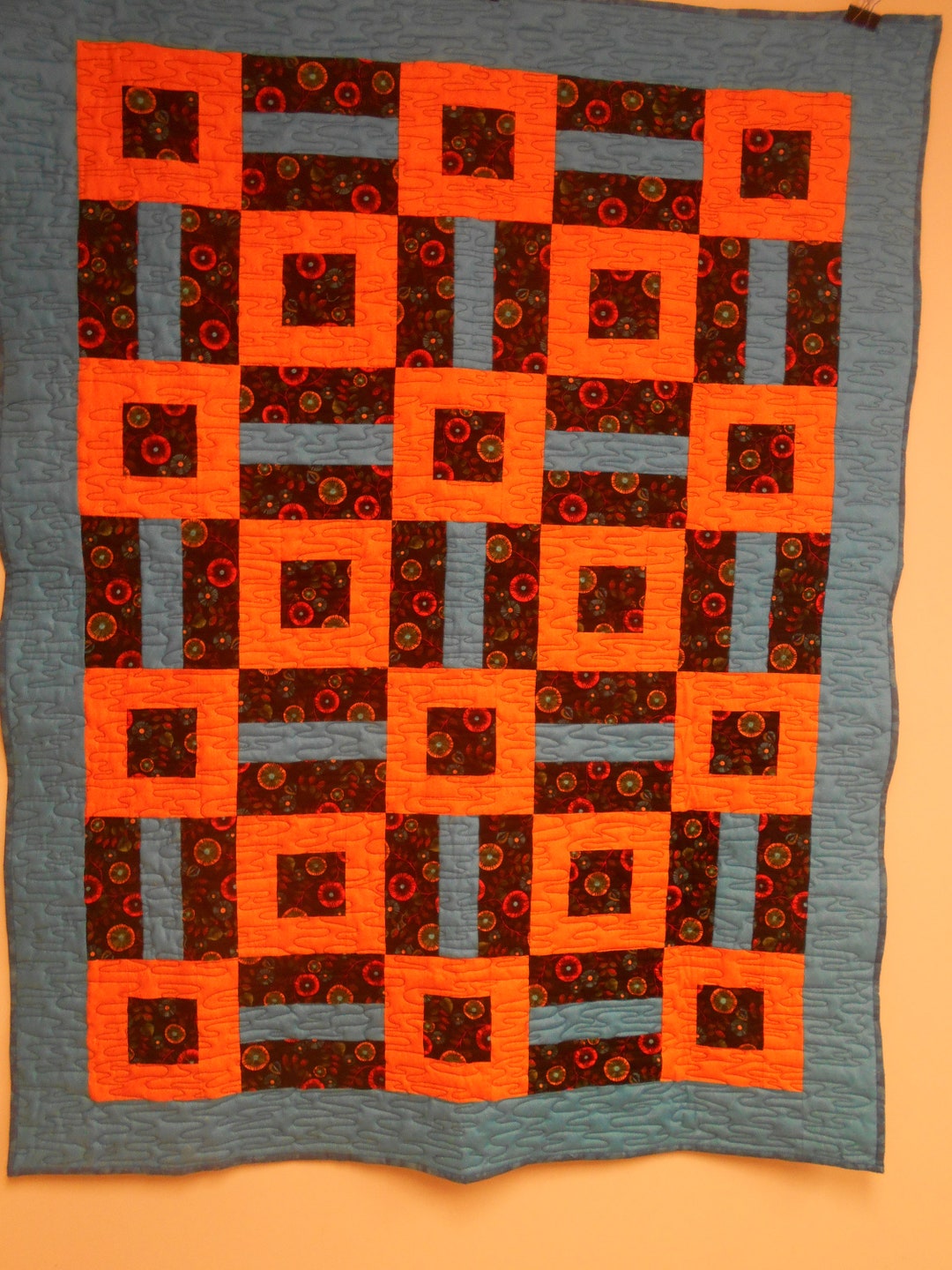 Quilt, Handmade Quilt, Throw Quilt, Lap Quilt, Blue, Orange and Black