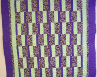 Popular Green and Purple Quilt, Strip Quilt in Green and Purple, Throw, Lap or Child's Quilt, 46" x 63"