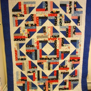 Quilt, Full Size Diamond Set Log Cabin Quilt, Blue and White and Red Log Cabin Full Size Quilt, 73&quot; x 91&quot;