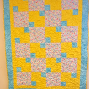 Quilt, Handmade Yellow and Blue Lap, Throw, Crib Quilt, Pastel Duckies Quilt 48&quot; x 65&quot;