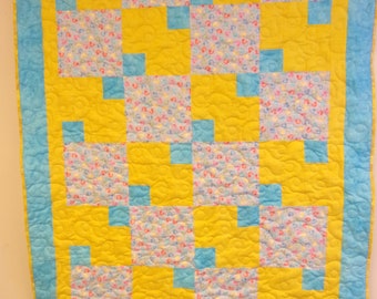 Handmade Yellow & Blue Lap Quilt: Pastel Duckies Throw (48" x 65")