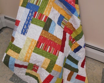Handmade Christmas Quilt: Full Size Cotton Strip Quilt (71" x 79")