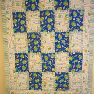 Handmade Quilt, Child Youth Frog Quilt, Green and Blue Frog Print Quilt, 50&quot; x 64&quot;