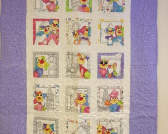 Handmade Purple Quilt, Traveling Puppies Block, 56" x 57"