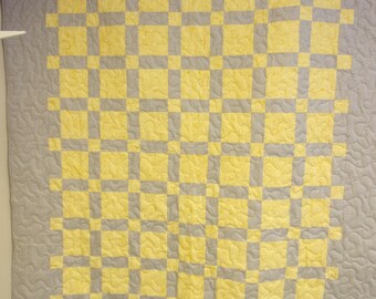 Quilt, Yellow and Gray Traditional Squares Quilt 61" x 67"