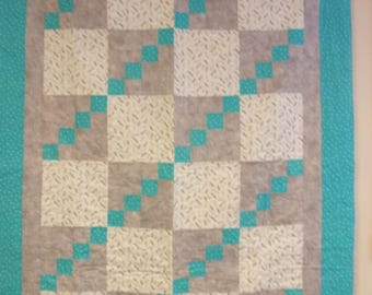 Handmade Blue and Gray Quilt, 50" x 57"