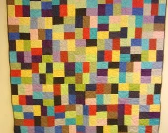 Edredón individual hecho a mano: patchwork de algodón con diseño de píxeles arcoíris (165 x 210 cm)