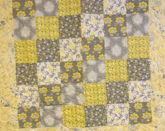 Handmade Yellow and Gray Baby Quilt, 42" x 48"