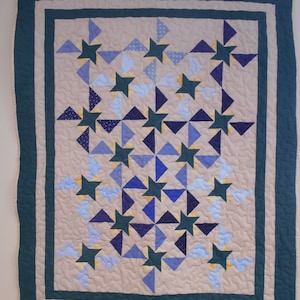 Friendship Star and Pinwheel Throw Quilt, Hunter Green Friendship Star and Shades of Blue Pinwheel Throw Quilt 40&quot; x 61&quot;