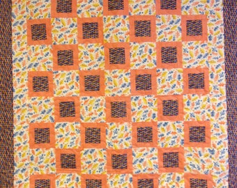 Quilt, Navy, Orange and White Throw Quilt, 50" x 55"