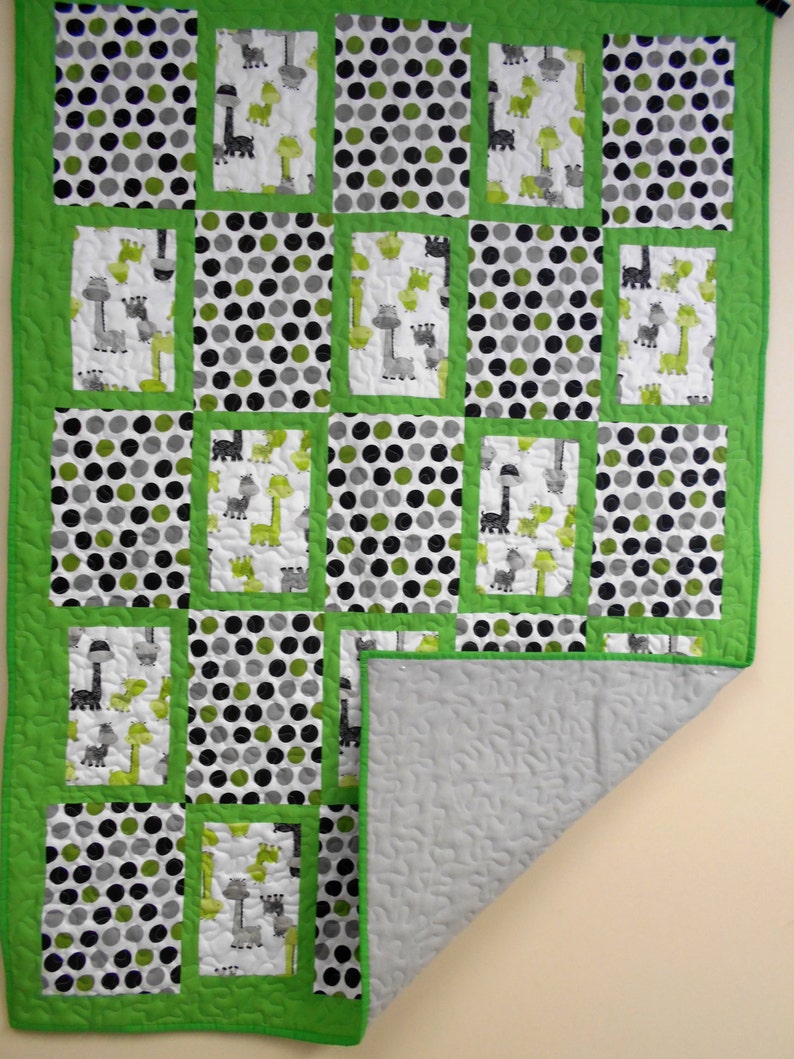 Handmade Crib Size Quilt, Baby Dinos Green and Grey Quilt, 43 x 59 image 4