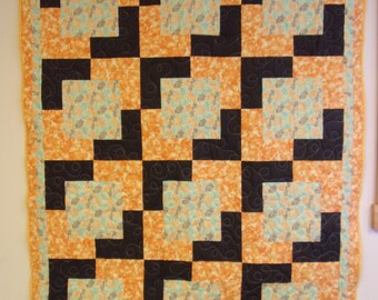 Floating Block Throw Quilt, Orange and Grey Lap Quilt, 49" x 64"