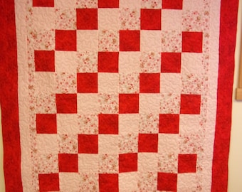 Handmade Full Size Quilt: Pink & Red Patchwork Bedding (71" x 82")