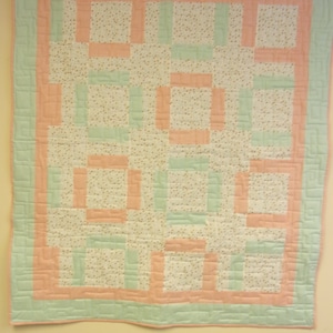 Quilt, Polka-Dots on Squares Throw, Lap, Crib, Toddler,  Youth Quilt, Mint and Peach Quilt 47&quot; x 53&quot;
