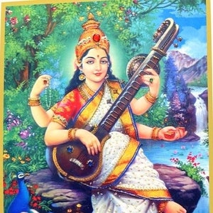 Art Print: Goddess Saraswati, Hand-Embellished