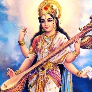 Art Print: Goddess Saraswati, Hand-Embellished