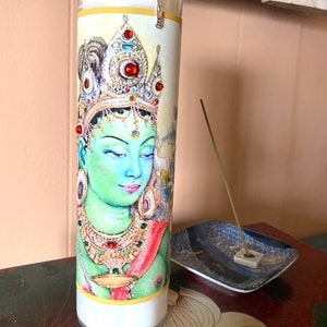Goddess Green Tara, 8&quot; Tall Hand Embellished Candle