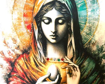 Maria Magdalena mit weißem Ei, handverzierte Grußkarte