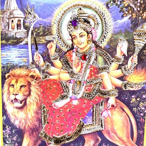 Déesse Durga, carte embellie à la main