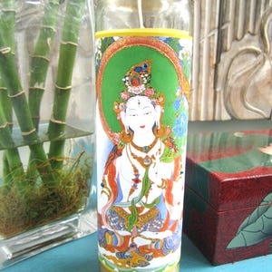 White Tara, 8&quot; Tall Hand Embellished Candle