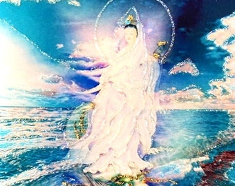 Kuan Yin in Turquoise Waters, Hand-Embellished Greeting Card