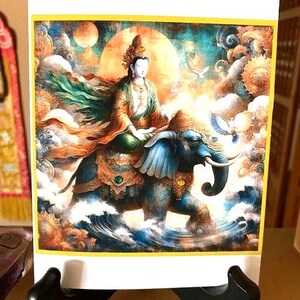 Carte d'art en cristal 5 x 7 Déesse Kuan Yin sur son éléphant