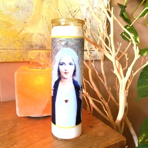 Pink Heart Mary, 8&quot; Tall Hand Embellished Candle