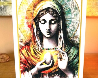 Maria Magdalena mit weißem Ei, handverzierte Karte
