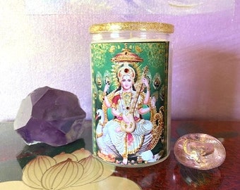 Goddess Saraswati, Hand-Embellished Altar Candle