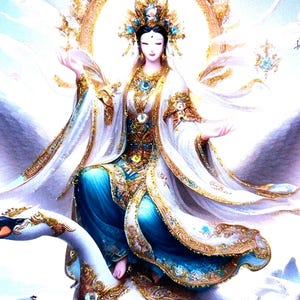 Kuan Yin op haar zwaan, met de hand versierde kaart