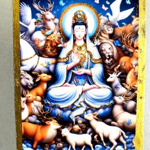 La diosa Quan Yin bendice a los animales (tarjeta adornada a mano)