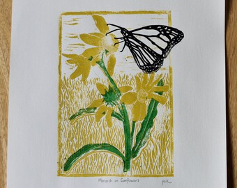 Monarch on Maximilian Sunflower Linocut Print / Monarch and Sunflower Linoleum Print / Danaus plexippus linocut
