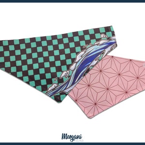 May include: Two triangular bandanas. One features a black and teal checkered pattern, and a wave design with blue and white accents. The other is pink with a geometric star pattern. The bandanas are likely for pets.