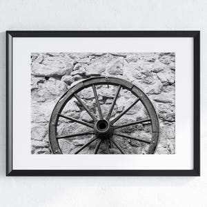 Old West Wagon Wheel Black and White Photograph, Rustic Farmhouse Decor, Western Photo Print, Barn Decor Wall Art - LIFE26